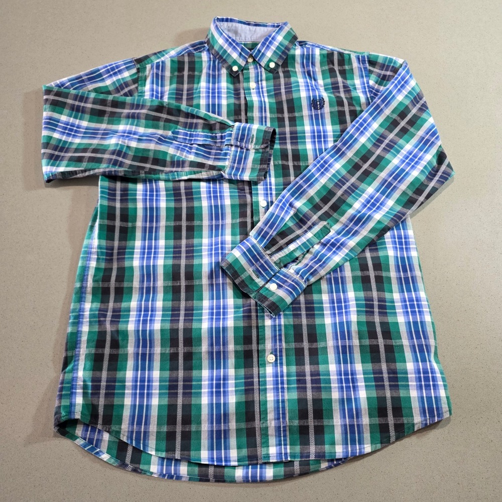 Chaps Mens XL 18/20 Plaid Button Down Shirt Green Blue Long Sleeve Cotton Blend